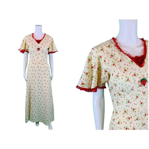 Vintage 70s Maxi Dress Women's Extra Small Red Floral Print Flutter Sleeves - Picture 1 of 10
